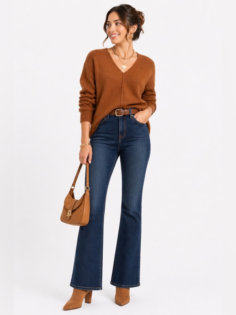 Vince Camuto Warm Chestnut V-Neck Knit Sweater